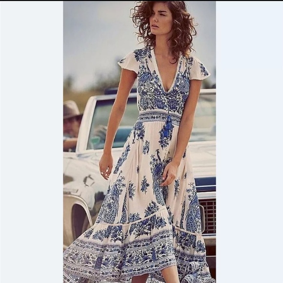blue and white boho dress